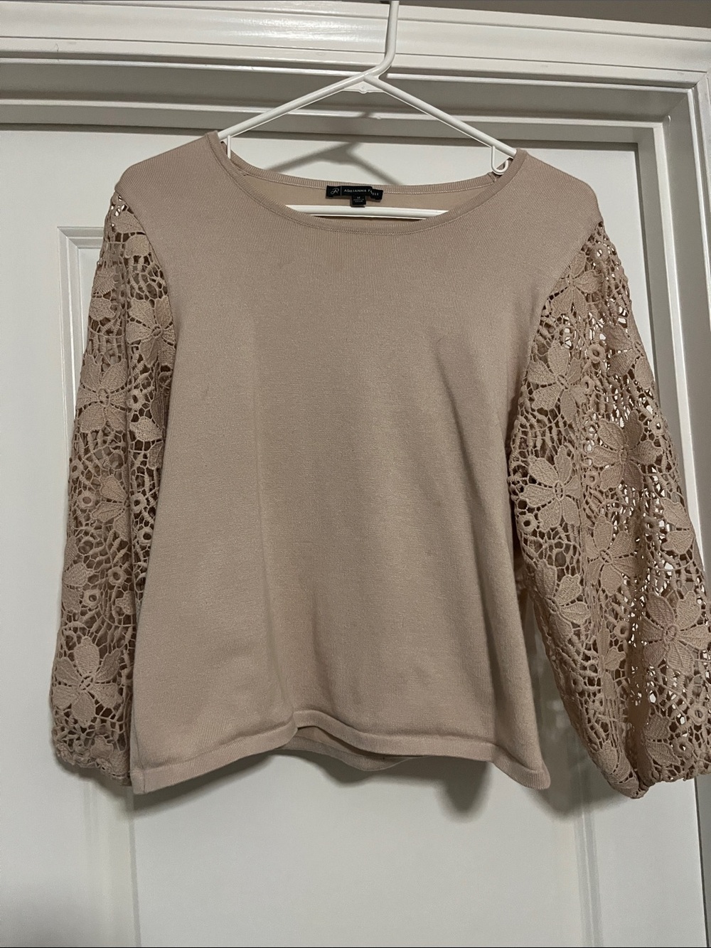 Adrianna Papell Taupe Knit Top with Floral Lace Balloon Sleeves